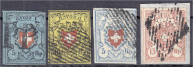 Ausland
Schweiz
5 Rp.,10 Rp.,5 Rp.,15 Rp. Schweizer Wappen mit Posthorn 1850/1852, vier gestempelte Werte in guter Erhaltung. Mi. 870,-€. gestempelt...