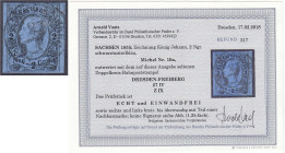 Deutschland
Altdeutschland
Sachsen
2 Ngr. König Johann II 1855/1856, sauber entwertet mit dem auf dieser Ausgabe seltenen Doppelkreis-Bahnpoststemp...