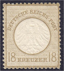 Deutschland
Deutsches Reich
18 Kreuzer kleiner Brustschild 1872, ungebrauchte Erhaltung mit Falz. Mi. 650,-€. * Michel 11.