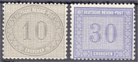 Deutschland
Deutsches Reich
10 Gr. + 30 Gr. Freimarken für den Innendienst 1872, zwei Werte in ungebrauchter Erhaltung mit Falz. Mi. 215,-€. * Miche...