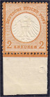 Deutschland
Deutsches Reich
2 Kreuzer kleiner Brustschild 1872, postfrisches Luxusstück mit Unterrand, ungefaltet. Mi. 180,-€. ** Michel 15.