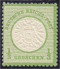 Deutschland
Deutsches Reich
1/3 Groschen großer Brustschild 1872, postfrische Erhaltung, unsigniert. Mi. 180,-€. ** Michel 17.