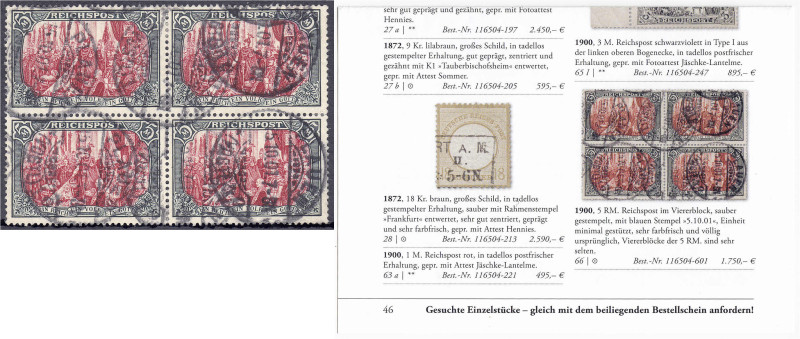 Deutschland
Deutsches Reich
5 M. Reichspost 1900, sauber gestempelter Viererbl...