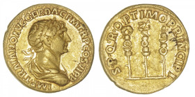 EMPIRE ROMAIN
Trajan (98-117). Aureus 113-114, Rome. RIC.294 - C.576 - Calicó 1120 ; Or - 7,33 g - 19 mm - 6 h
Bel exemplaire avec un joli portrait....