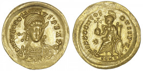 EMPIRE ROMAIN
Théodose II (402-450). Solidus ND (441-450), Constantinople. RIC.285 ; Or - 4,43 g - 21 mm - 6 h
Proviendrait d’une vente PLATT 1972, ...