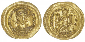 EMPIRE ROMAIN
Théodose II (402-450). Solidus ND (441-450), Constantinople. RIC.285 ; Or - 4,44 g - 20,5 mm - 6 h
Avec étoile au revers à 9 branches ...