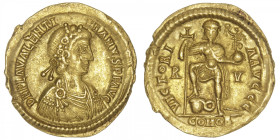 EMPIRE ROMAIN
Valentinien III (425-455). Solidus ND (430-455), Ravenne. RIC.2018 ; Or - 4,46 g - 21,5 mm - 6 h
Superbe.