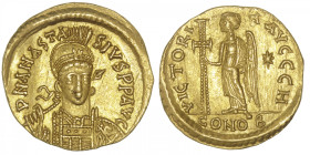 EMPIRE BYZANTIN
Anastase Ier (491-518). Solidus ND, Constantinople, 8e officine. BC.3 ; Or - 4,46 g - 20 mm - 6 h
Avec H d’officine. Presque Superbe...