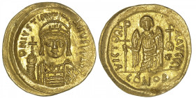 EMPIRE BYZANTIN
Justinien (527-565). Solidus ND, Constantinople, 10e officine. BC.139 ; Or - 4,47 g - 20,5 mm - 6 h
Avec I d’officine. Superbe.