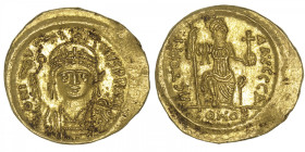 EMPIRE BYZANTIN
Justin II (565-578). Solidus ND, Constantinople, 4e officine. BC.345 ; Or - 4,49 g - 20,5 mm - 6 h
Avec Delta d’officine. Presque Su...