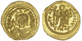 EMPIRE BYZANTIN
Maurice Tibère (582-602). Solidus ND, Constantinople, 5e officine. BC.478 ; Or - 4,34 g - 20 mm - 6 h
Avec officine E. Superbe.