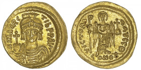 EMPIRE BYZANTIN
Maurice Tibère (582-602). Solidus ND, Constantinople, 9e officine. BC.478 ; Or - 4,35 g - 20 mm - 6 h
Avec thêta d’officine. Superbe...