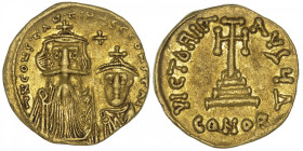 EMPIRE BYZANTIN
Constant II (641-668). Solidus ND (654-659), Constantinople, 4e officine. BC.959 ; Or - 4,32 g - 19 mm - 6 h
Officine delta. TTB à S...