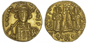 EMPIRE BYZANTIN
Constantin IV (668-685). Solidus ND, Constantinople, 2e officine. BC.1156 ; Or - 4,38 g - 19 mm - 6 h
Sans doute officine B (peu vis...