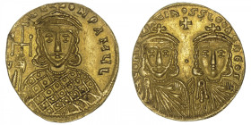 EMPIRE BYZANTIN
Constantin V (741-775). Solidus ND (après 751), Constantinople. BC.1551 ; Or - 4,45 g - 20 mm - 6 h
Superbe.