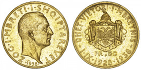 ALBANIE
Zog Ier (1/9/1928-1939). 50 franga, 10e anniversaire de règne 1938, R, Rome. Fr.16 ; Or - 16,13 g - 28 mm - 6 h
Exemplaire brossé sinon Supe...