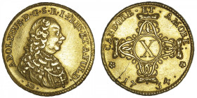 ALLEMAGNE
Fulda, Adolf von Dalberg (1726-1737). Carolin ou 10 gulden 1734. Fr.1055 ; Or - 9,58 g - 26,5 mm - 12 h
Nettoyé. Rare exemplaire. Flan fen...