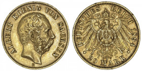 ALLEMAGNE
Saxe, Albert (1873-1902). 20 mark 1894, E, Muldenhutten. Fr.3842 ; Or - 7,94 g - 22,5 mm - 12 h
Beau TTB.