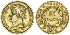 ALLEMAGNE
Westphalie, Jérôme Napoléon (1807-1813). 20 frank 1811, C, Cassel. DMP.743 - KM.103 - Fr.3517 ; Or - 6,37 g - 21 mm - 12 h
TTB.
