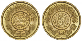 ARABIE SAOUDITE
Abdelaziz ben Abderrahmane Al Saoud (1932-1953). 1 pound AH 1370 (1950). Fr.1 ; Or - 7,98 g - 21,5 mm - 12 h
Fleur de coin.