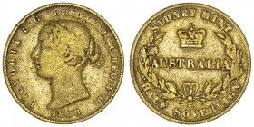 AUSTRALIE
Victoria (1837-1901). 1/2 souverain 1858, Sydney. Fr.10a ; Or - 3,88 g - 19 mm - 6 h
Type très rare. TB.
