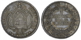 BOLIVIE
République. 1 boliviano 1866 FP, Potosi. KM.152.1 ; Argent - 24,68 g - 36 mm - 12 h
Belle patine. TTB.