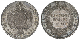 BOLIVIE
République. 1 boliviano 1867 FE, Potosi. KM.152.2 ; Argent - 24,93 g - 36 mm - 12 h
TTB.