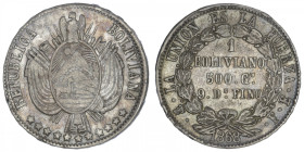 BOLIVIE
République. 1 boliviano 1868 FE, Potosi. KM.152.2 ; Argent - 25,23 g - 36 mm - 12 h
TTB.