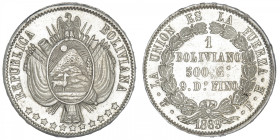 BOLIVIE
République. 1 boliviano 1869 FE, Potosi. KM.152.2 ; Argent - 24,77 g - 36 mm - 12 h
TTB.
