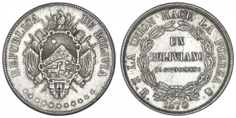 BOLIVIE
République. Un boliviano 1870 ER, Potosi. KM.155.3 ; Argent - 25,07 g -...