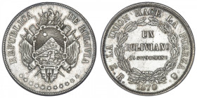 BOLIVIE
République. Un boliviano 1870 ER, Potosi. KM.155.3 ; Argent - 25,07 g - 36 mm - 6 h
TTB.