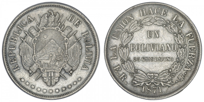 BOLIVIE
République. Un boliviano 1871 ER, Potosi. KM.155.3 ; Argent - 24,90 g -...