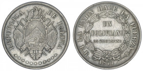 BOLIVIE
République. Un boliviano 1871 ER, Potosi. KM.155.3 ; Argent - 24,90 g - 36 mm - 6 h
TTB.