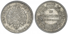BOLIVIE
République. Un boliviano 1871 FP, Potosi. KM.155.3 ; Argent - 24,94 g - 36 mm - 6 h
Beau TTB.