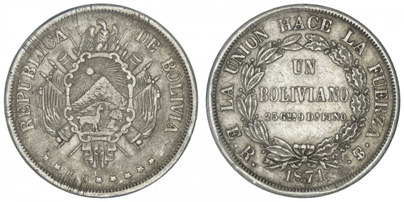 BOLIVIE
République. Un boliviano 1871 ER, Potosi. KM.155.4 ; Argent - 24,64 g -...