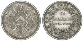 BOLIVIE
République. Un boliviano 1871 ER, Potosi. KM.155.4 ; Argent - 24,64 g - 36 mm - 6 h
TTB.
