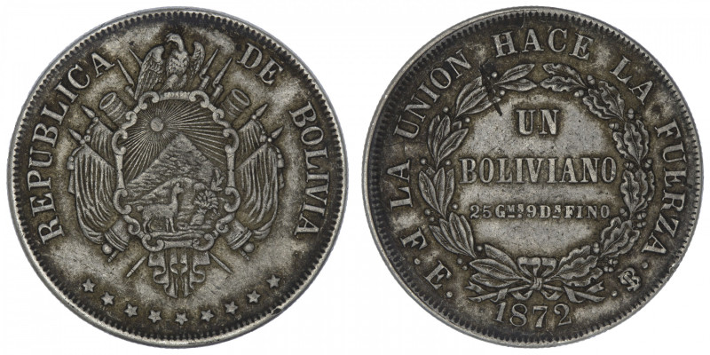 BOLIVIE
République. Un boliviano 1872 FE, Potosi. KM.155.4 ; Argent - 24,90 g -...