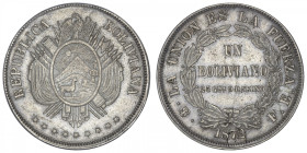 BOLIVIE
République. Un boliviano 1872 FE, Potosi. KM.160.1 ; Argent - 25,05 g - 36 mm - 6 h
TTB.