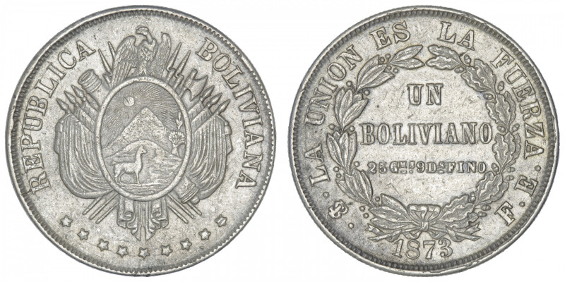 BOLIVIE
République. Un boliviano 1873 FE, Potosi. KM.160.1 ; Argent - 24,84 g -...