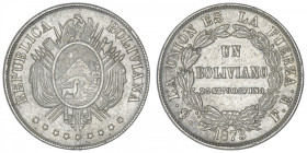 BOLIVIE
République. Un boliviano 1873 FE, Potosi. KM.160.1 ; Argent - 24,84 g - 36 mm - 6 h
TTB.