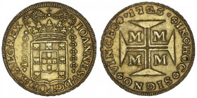 BRÉSIL
Jean V (1706-1750). 10000 réis 1725, Minas Gerais. Fr.34 ; Or - 26,81 g - 32 mm - 6 h
Type peu commun. TTB.