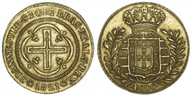 BRÉSIL
Jean VI (1799-1826). 4000 réis 1821, Rio de Janeiro. Fr.99 ; Or - 7,98 g - 26 mm - 12 h
Type peu commun et de belle qualité. Superbe.