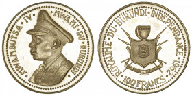 BURUNDI
Royaume (1962-1966). 100 francs 1962. Fr.1 ; Or - 32 g - 34 mm - 6 h
Superbe.