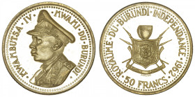 BURUNDI
Royaume (1962-1966). 50 francs 1962. Fr.2 ; Or - 16,02 g - 28 mm - 6 h
Superbe.