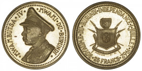 BURUNDI
Royaume (1962-1966). 25 francs 1962. Fr.3 ; Or - 7,99 g - 21,5 mm - 6 h
Superbe.