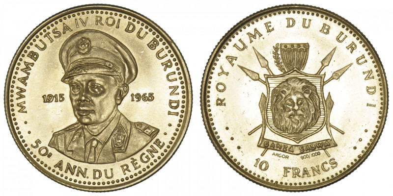 BURUNDI
Royaume (1962-1966). 10 francs 1965. Fr.8 ; Or - 3,02 g - 19 mm - 6 h
...