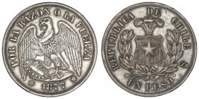 CHILI
République. Un peso 1877, S°, Santiago. KM.142.1 ; Argent - 24,95 g - 37 mm - 6 h
TTB.