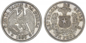 CHILI
République. Un peso 1880, S°, Santiago. KM.142.1 ; Argent - 24,52 g - 37 mm - 6 h
Beau TTB.