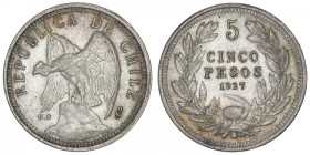 CHILI
République. 5 pesos 1927, S°, Santiago. KM.173.1 ; Argent - 24,95 g - 37 mm - 6 h
Beau TTB.