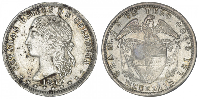 COLOMBIE
République. Un peso 1870, Medellin. KM.154.2 ; Argent - 24,77 g - 37 m...